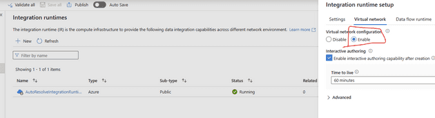 create an integration runtime that has virtual network attached